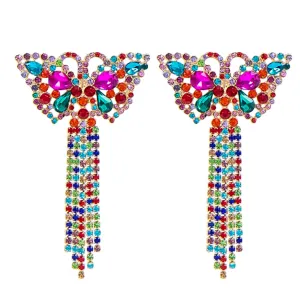 Bold Vibrant Colorful Rhinestone Tassel Gold Butterfly Earrings