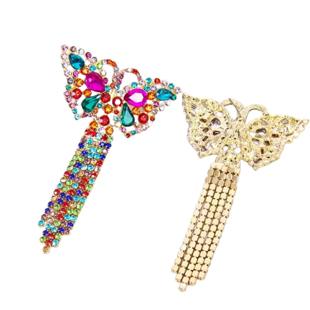 Bold Vibrant Colorful Rhinestone Tassel Gold Butterfly Earrings