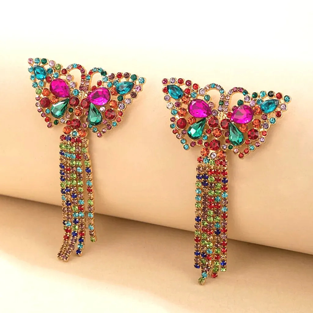 Bold Vibrant Colorful Rhinestone Tassel Gold Butterfly Earrings