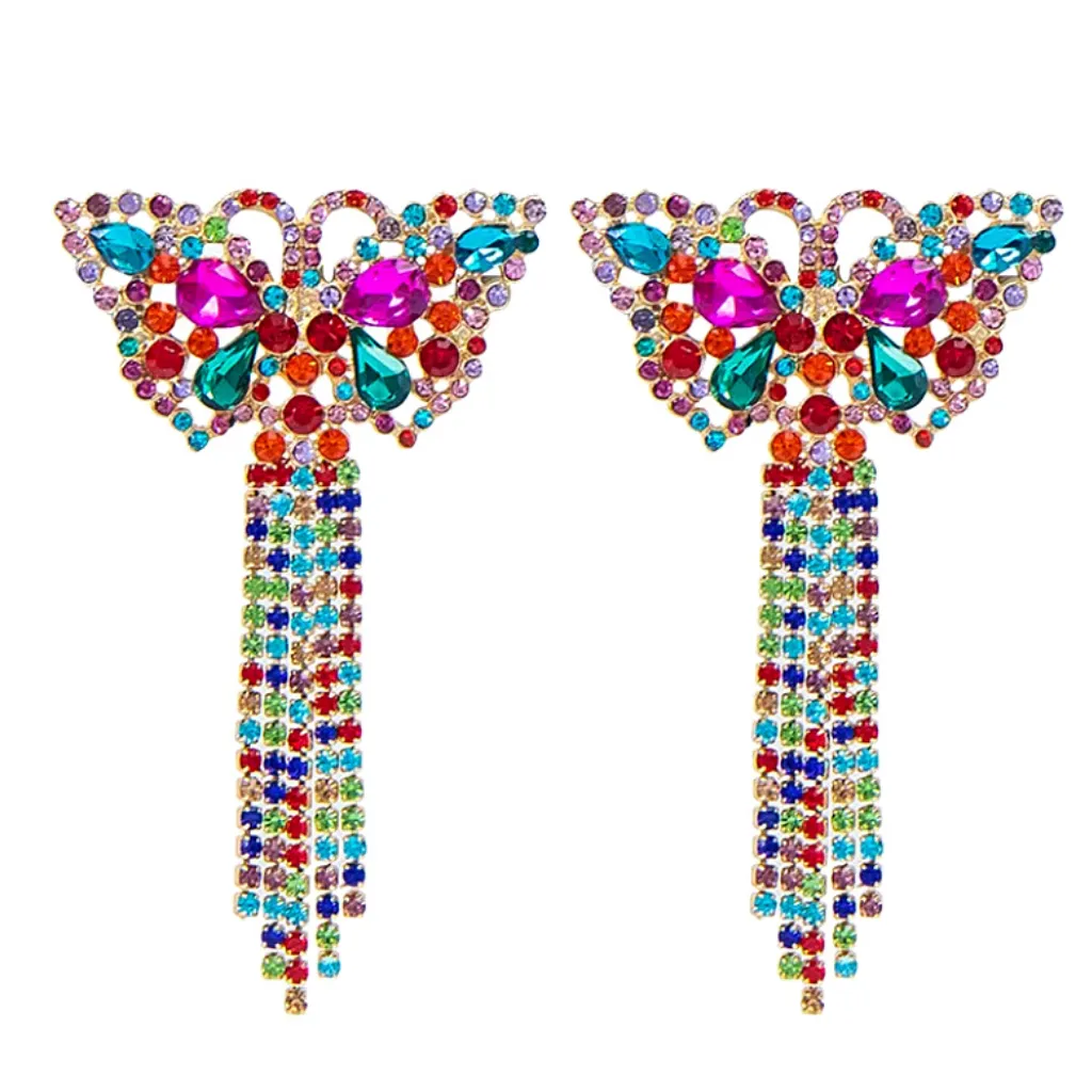 Bold Vibrant Colorful Rhinestone Tassel Gold Butterfly Earrings