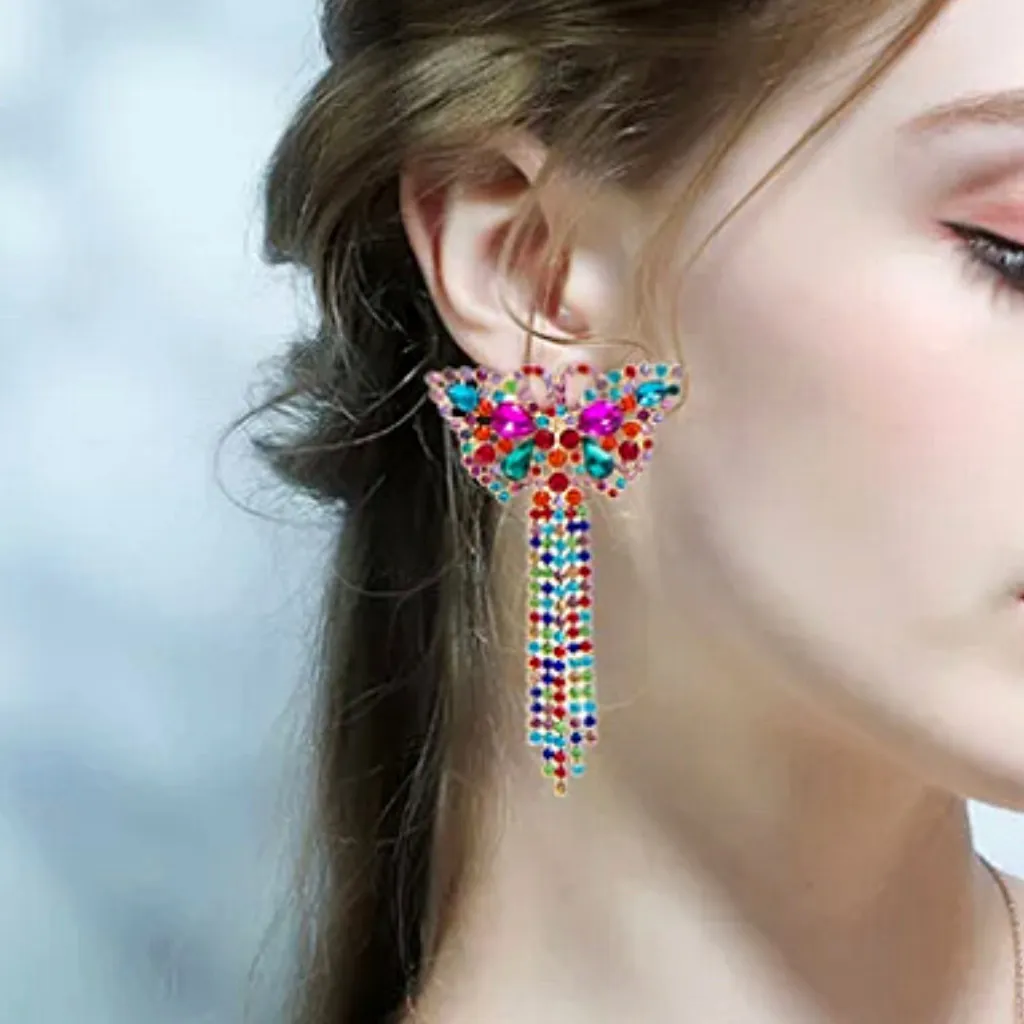 Bold Vibrant Colorful Rhinestone Tassel Gold Butterfly Earrings