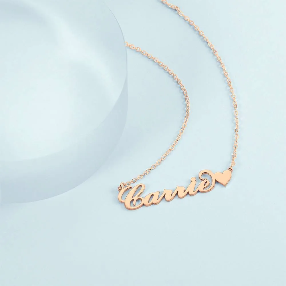 Carrie Style Name Necklace with Little Heart Girlfriend's Gift Rose Gold Plated Silver