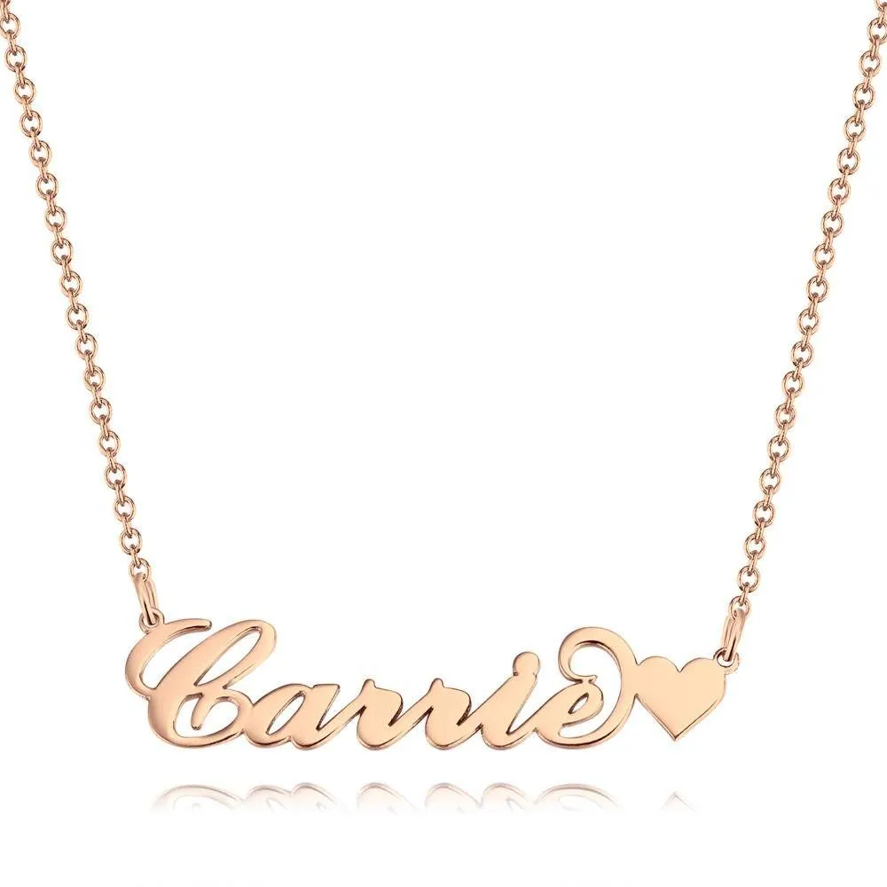 Carrie Style Name Necklace with Little Heart Girlfriend's Gift Rose Gold Plated Silver