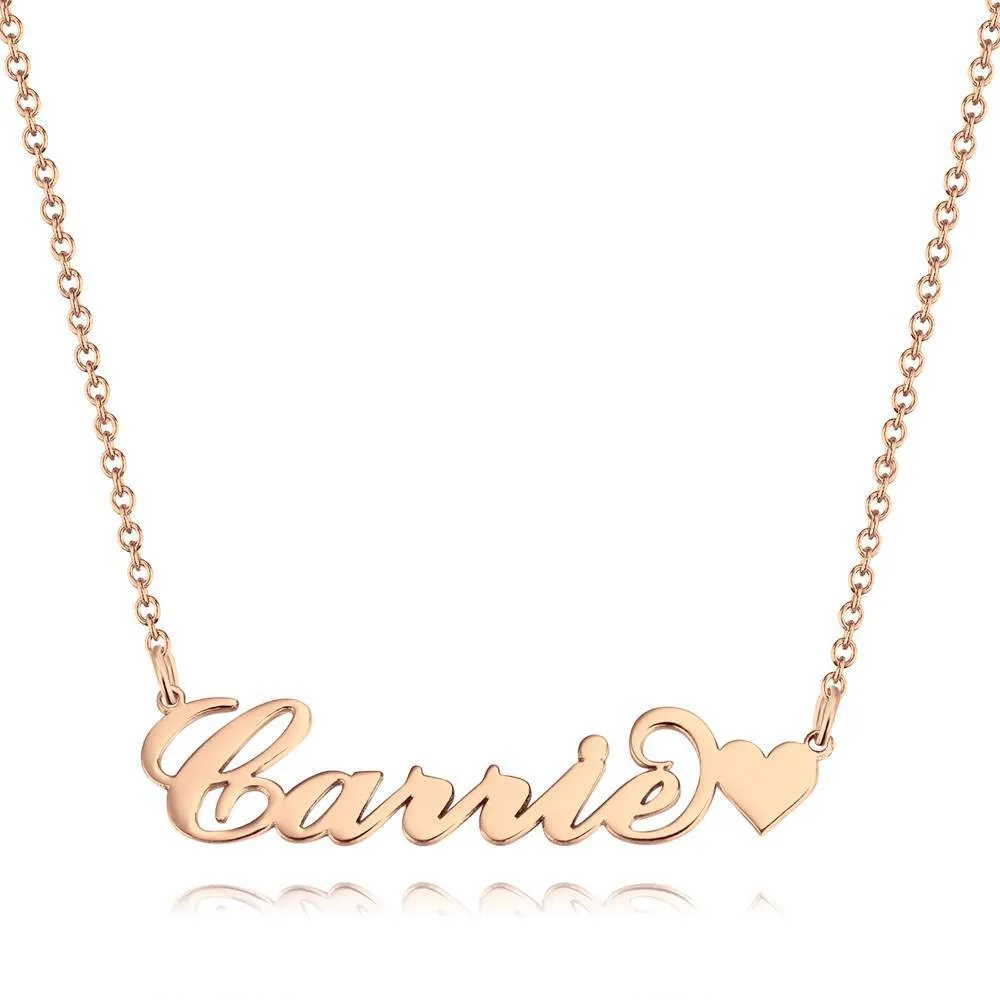 Carrie Style Name Necklace with Little Heart Girlfriend's Gift Rose Gold Plated Silver