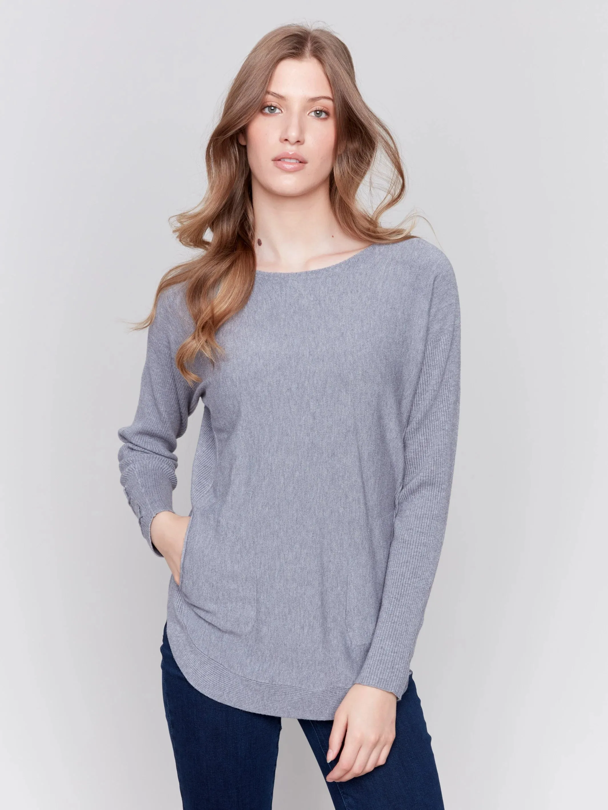 C.B C2380W Knit Sweater with Lace-Up Cuffs
