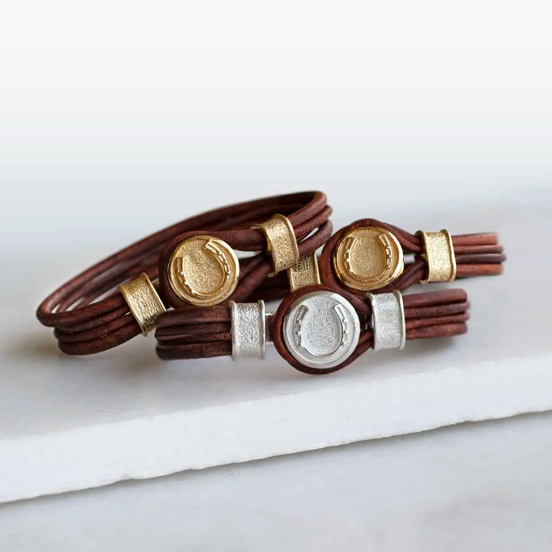 Colton - Horseshoe Dome Lock and Double Lace 14K Gold on Sterling Silver Brown Bracelet