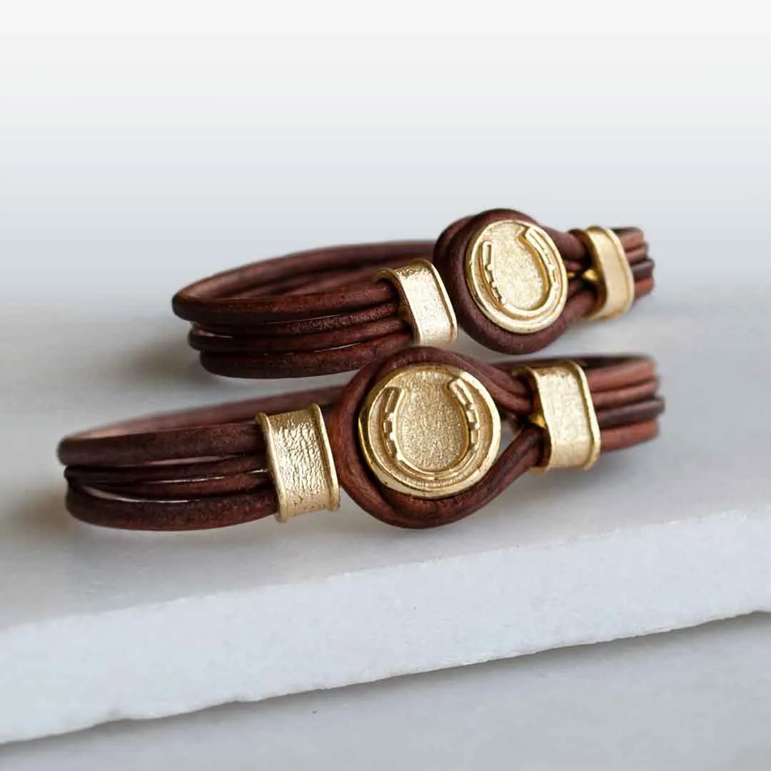 Colton - Horseshoe Dome Lock and Double Lace 14K Gold on Sterling Silver Brown Bracelet