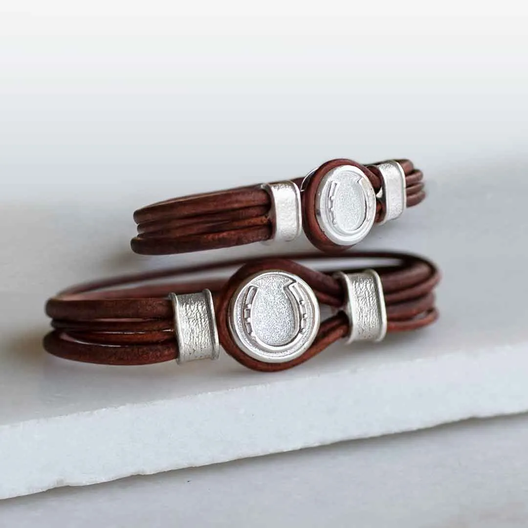 Colton - Horseshoe Dome Lock and Double Lace 14K Gold on Sterling Silver Brown Bracelet