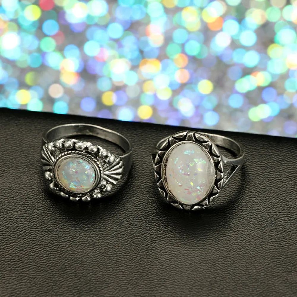 eight pcs women rings antique silver color artificial opal stone rings ✈️ free.shipping