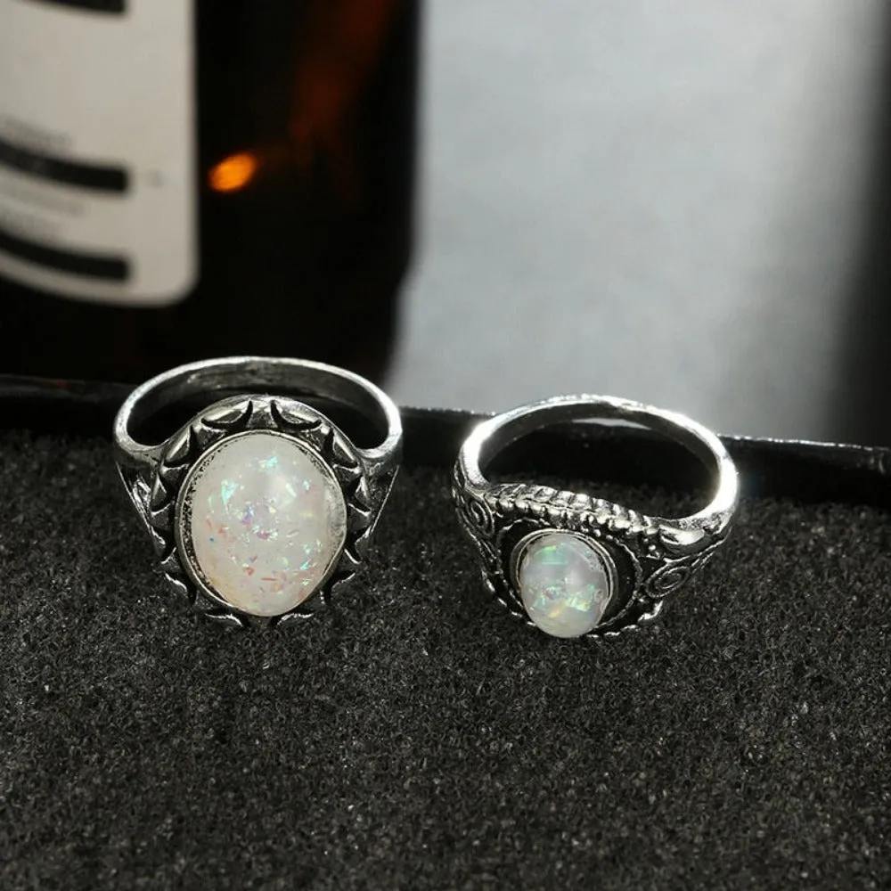 eight pcs women rings antique silver color artificial opal stone rings ✈️ free.shipping