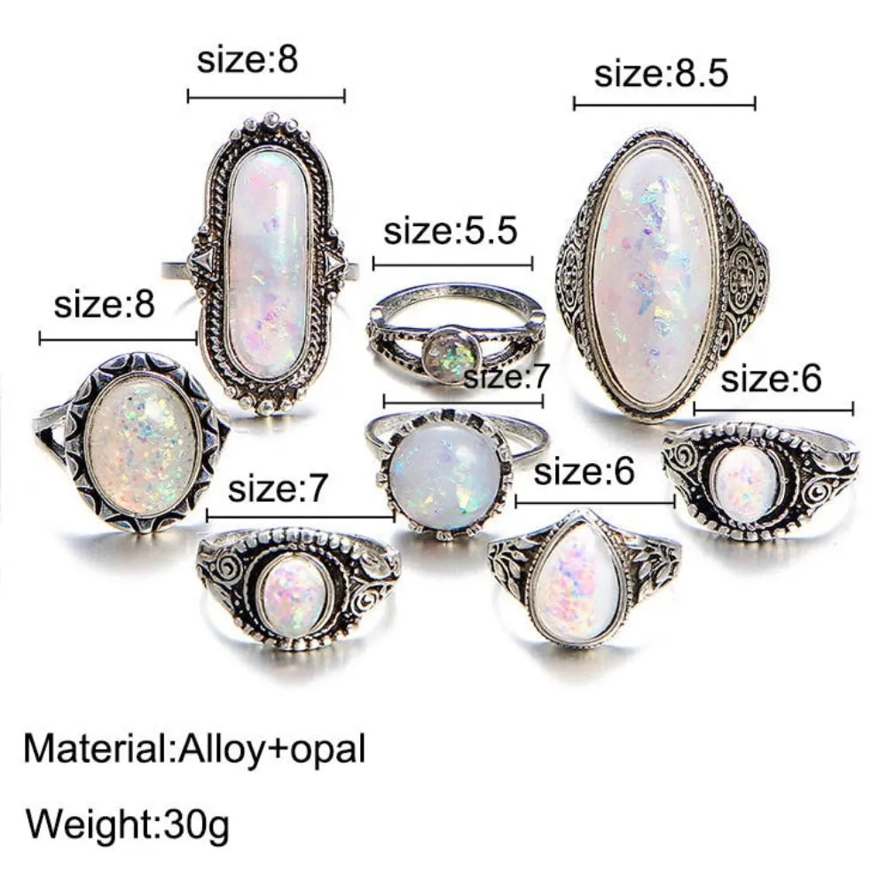 eight pcs women rings antique silver color artificial opal stone rings ✈️ free.shipping