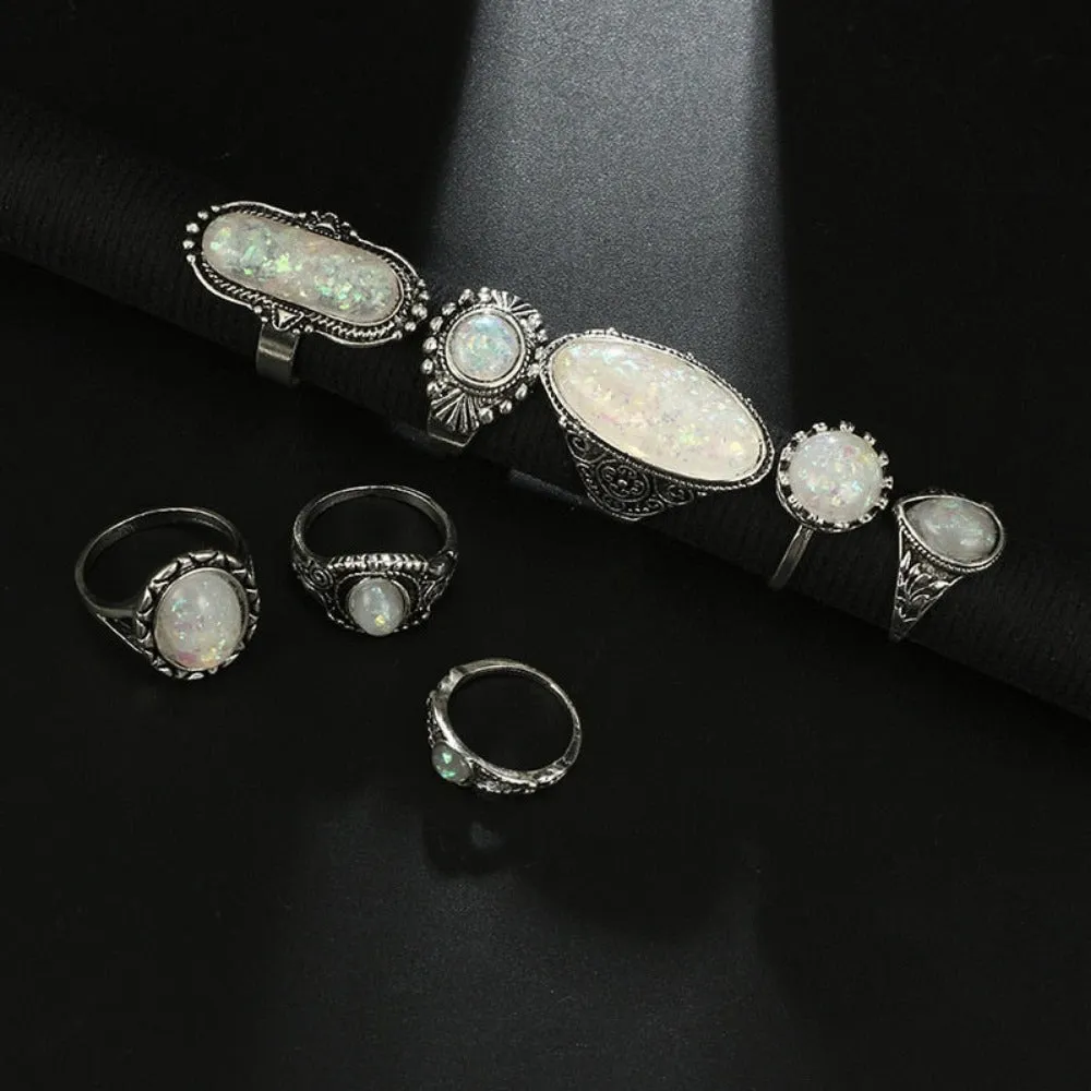 eight pcs women rings antique silver color artificial opal stone rings ✈️ free.shipping