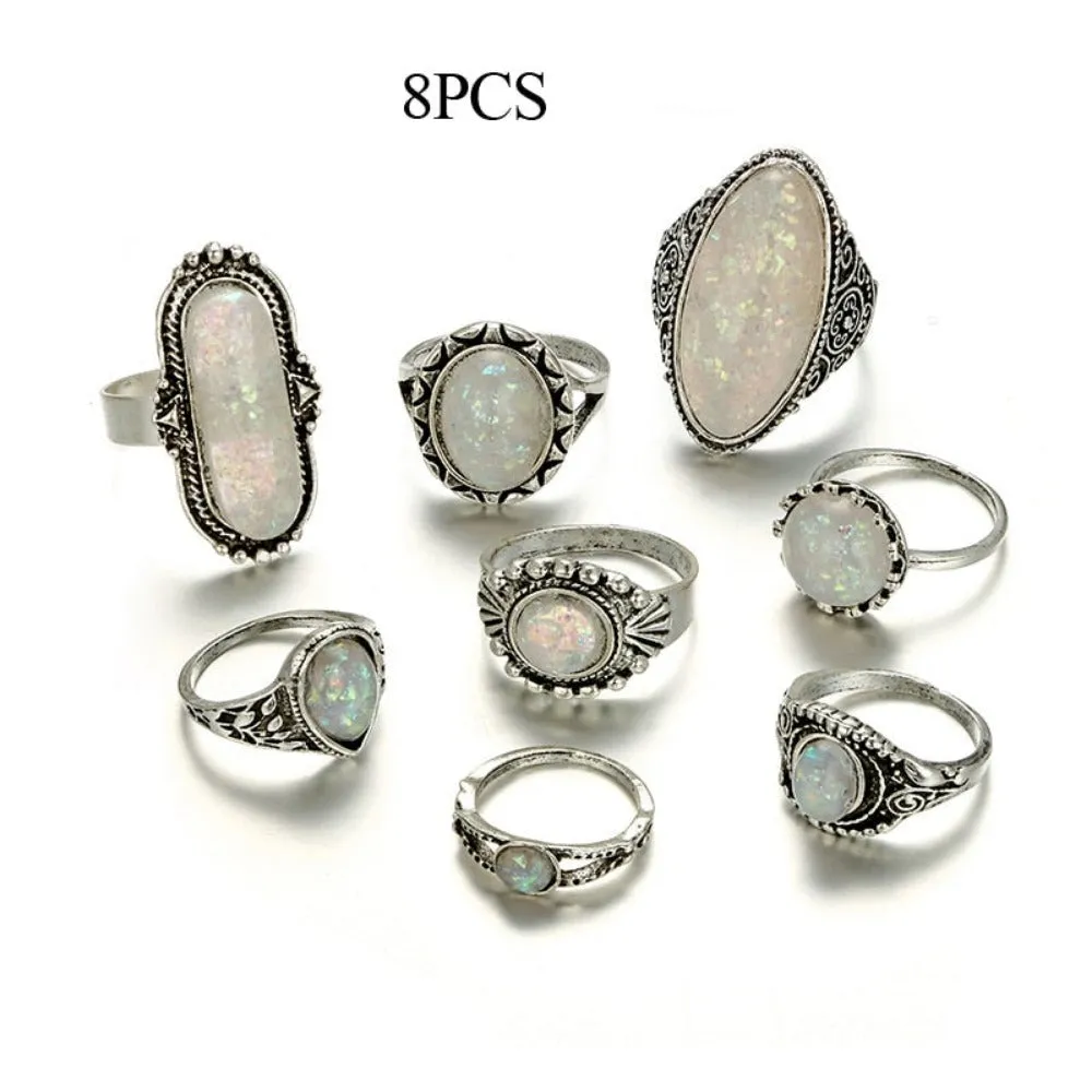 eight pcs women rings antique silver color artificial opal stone rings ✈️ free.shipping