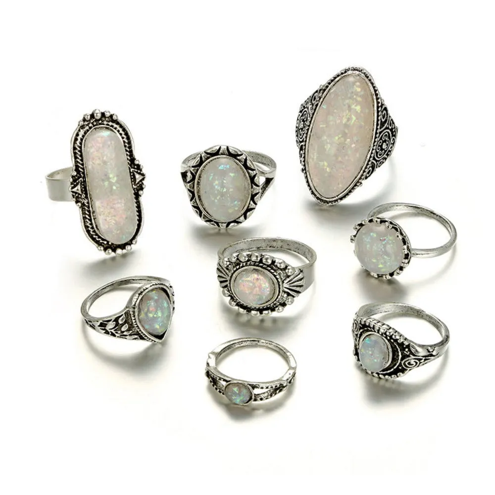 eight pcs women rings antique silver color artificial opal stone rings ✈️ free.shipping