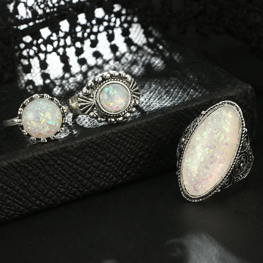 eight pcs women rings antique silver color artificial opal stone rings ✈️ free.shipping