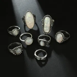 eight pcs women rings antique silver color artificial opal stone rings ✈️ free.shipping