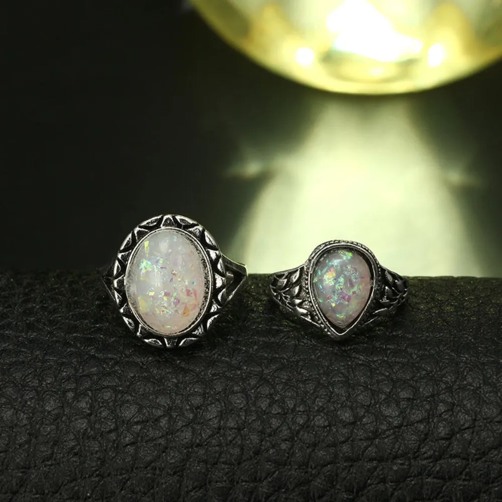 eight pcs women rings antique silver color artificial opal stone rings ✈️ free.shipping