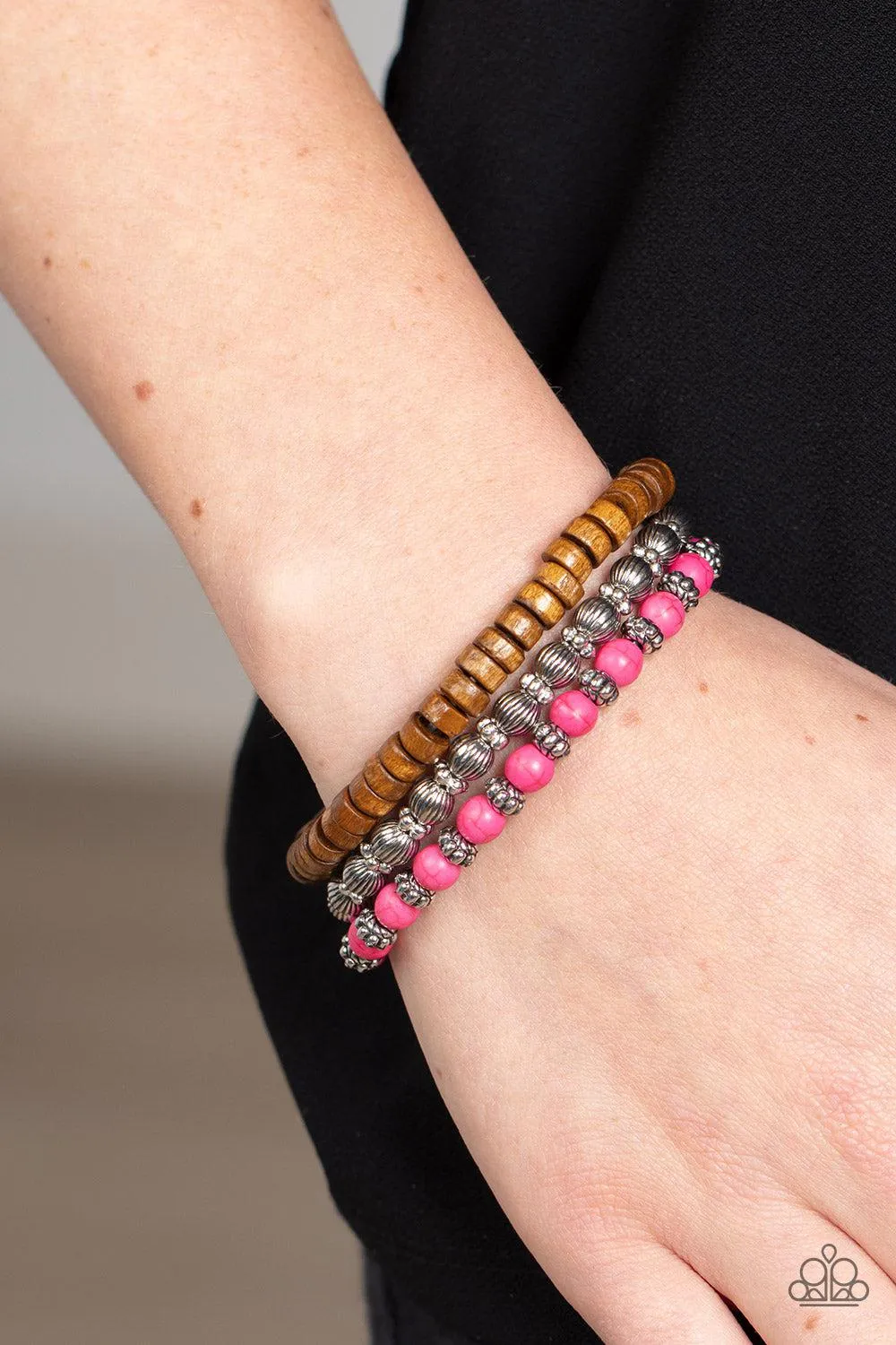 ESCAPADE Route Pink Stone & Wood Bracelet Set - Paparazzi Accessories
