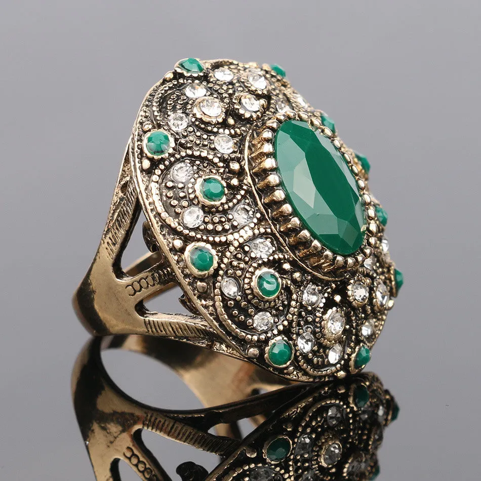 Fashion Vintage Jewelry Rings Unique plated Ancient Gold Mosaic AAA Crystal Big Oval Ruby Ring For Women