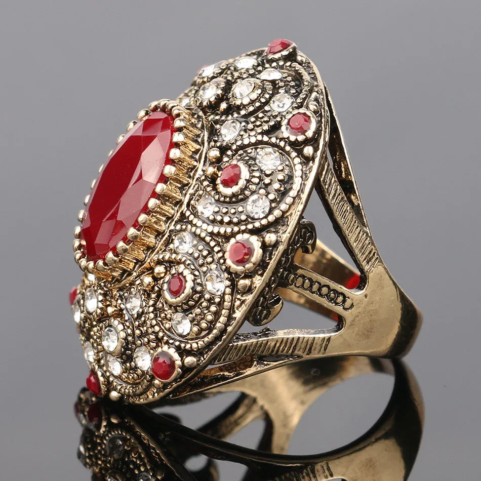Fashion Vintage Jewelry Rings Unique plated Ancient Gold Mosaic AAA Crystal Big Oval Ruby Ring For Women