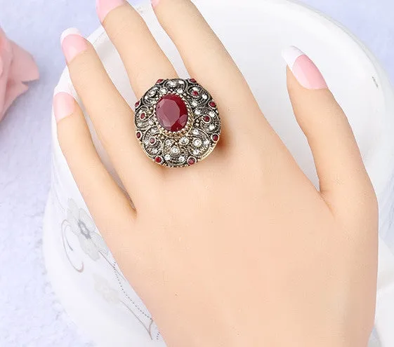 Fashion Vintage Jewelry Rings Unique plated Ancient Gold Mosaic AAA Crystal Big Oval Ruby Ring For Women
