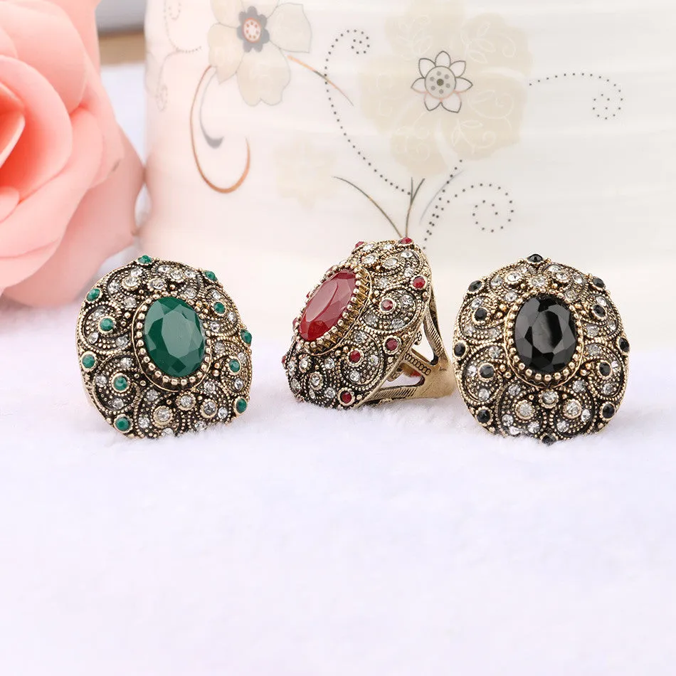 Fashion Vintage Jewelry Rings Unique plated Ancient Gold Mosaic AAA Crystal Big Oval Ruby Ring For Women