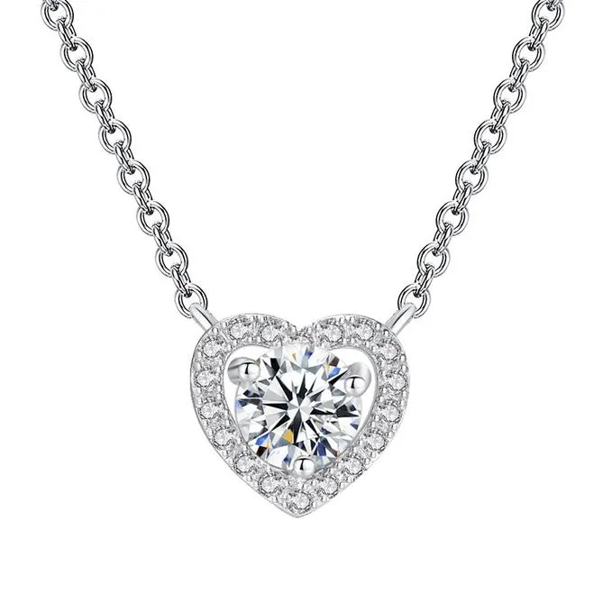 Fashionable White Zircon Love Heart Pendant Necklace Silver