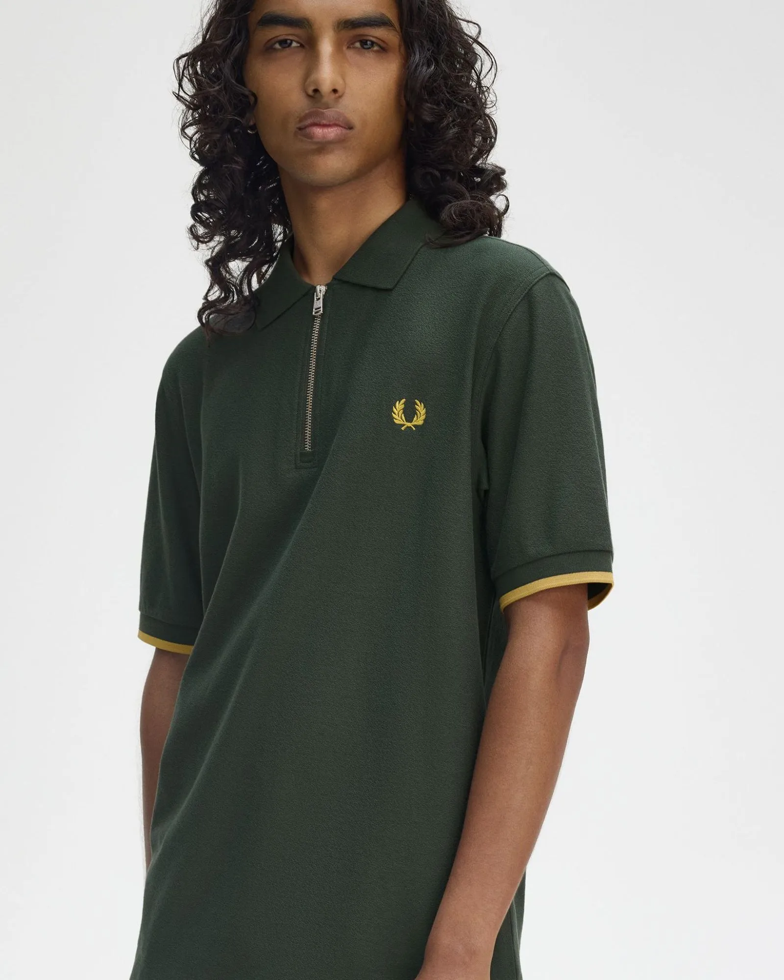 Fred Perry Crepe Pique Zip Neck Polo Shirt - Court Green