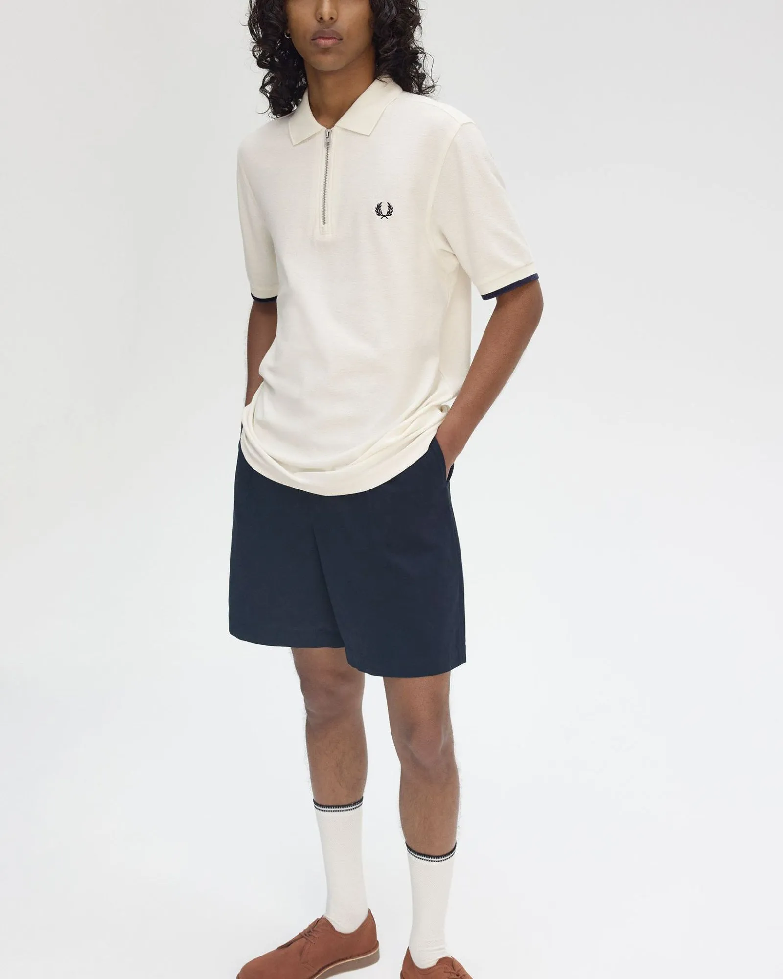 Fred Perry Crepe Pique Zip Neck Polo Shirt - Ecru