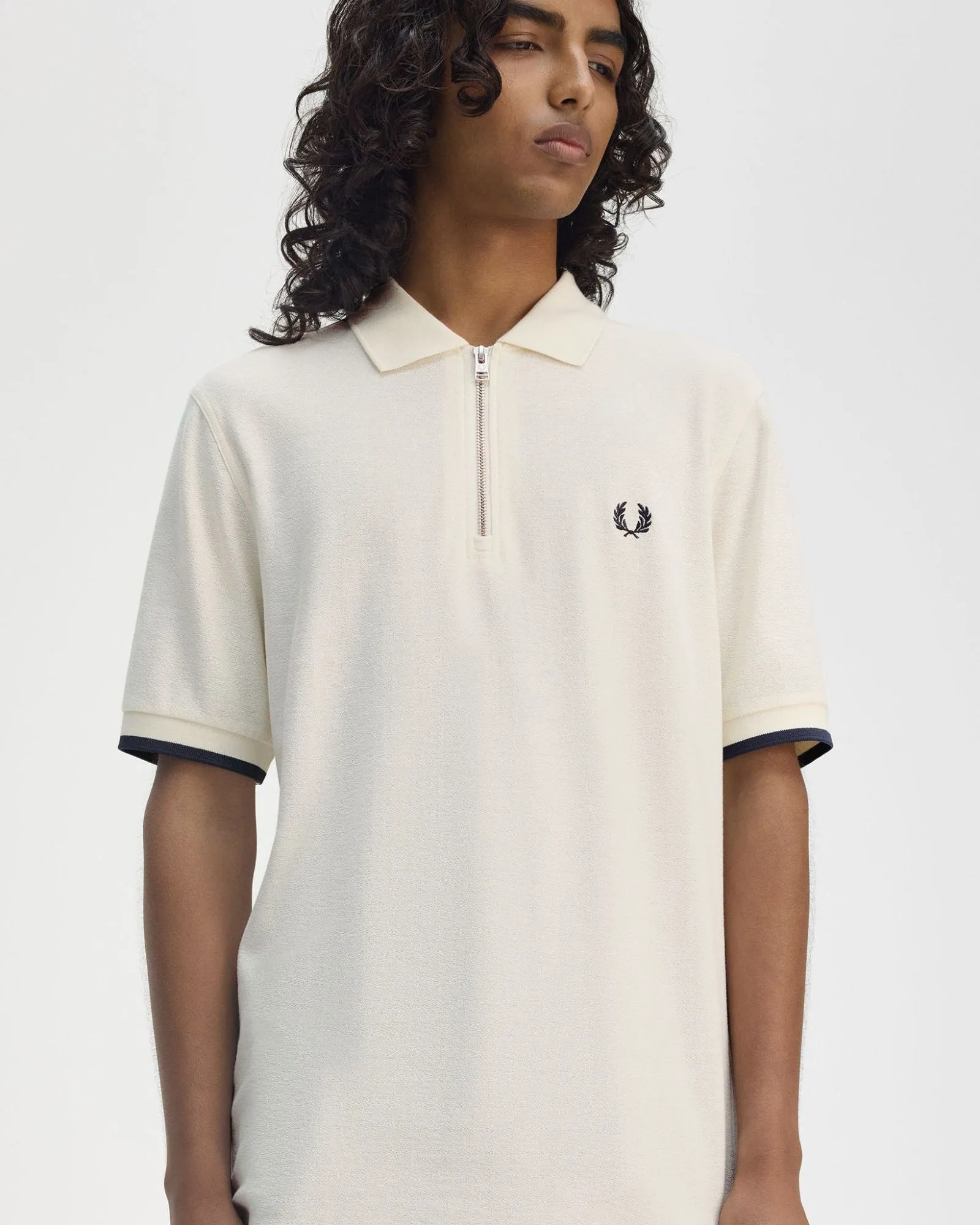 Fred Perry Crepe Pique Zip Neck Polo Shirt - Ecru