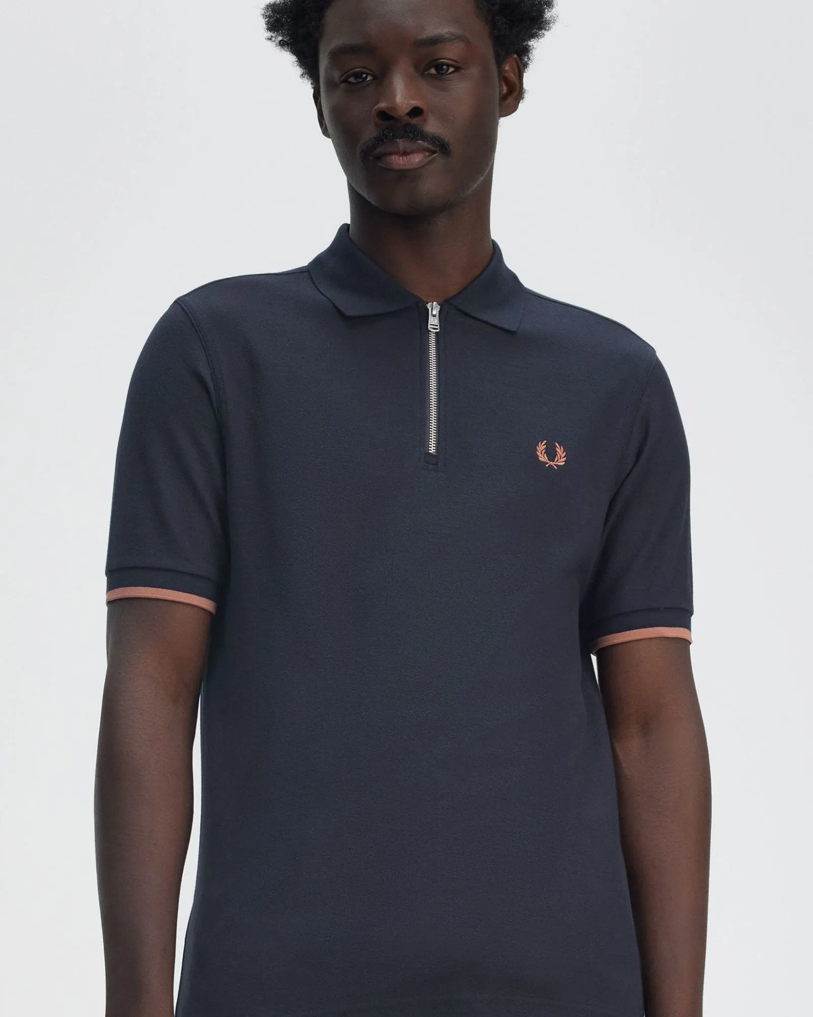Fred Perry Crepe Pique Zip Neck Polo Shirt - Navy