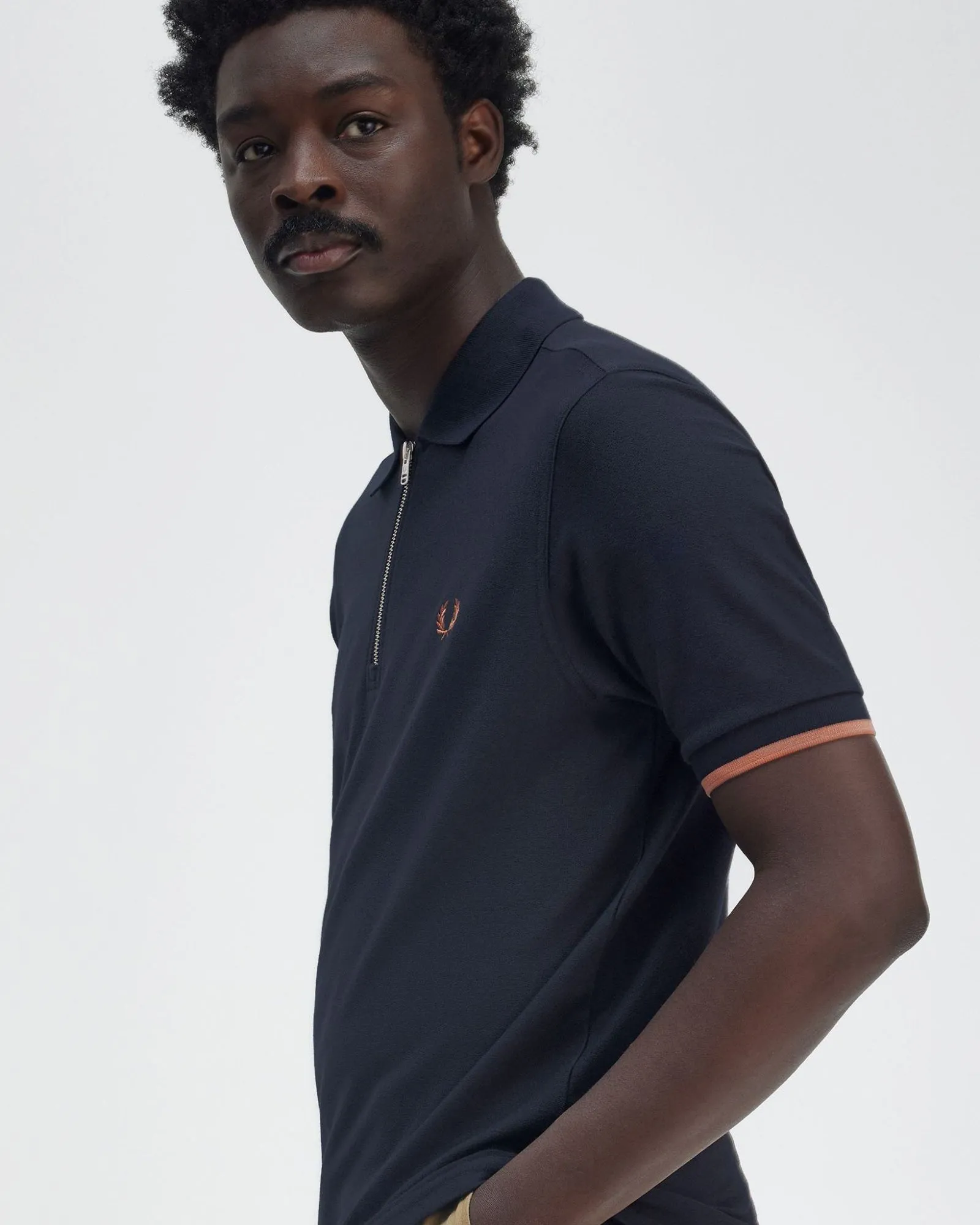 Fred Perry Crepe Pique Zip Neck Polo Shirt - Navy