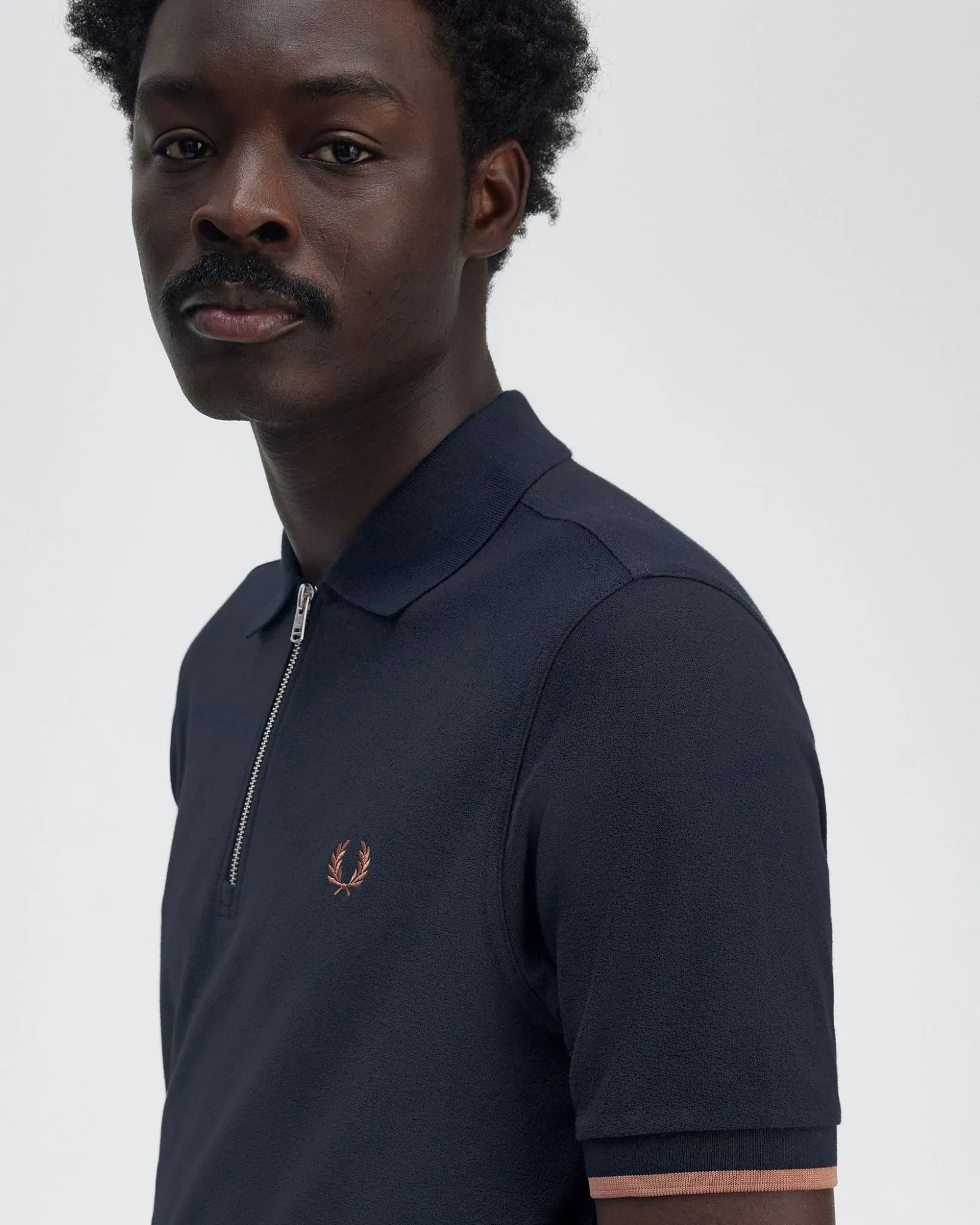 Fred Perry Crepe Pique Zip Neck Polo Shirt - Navy