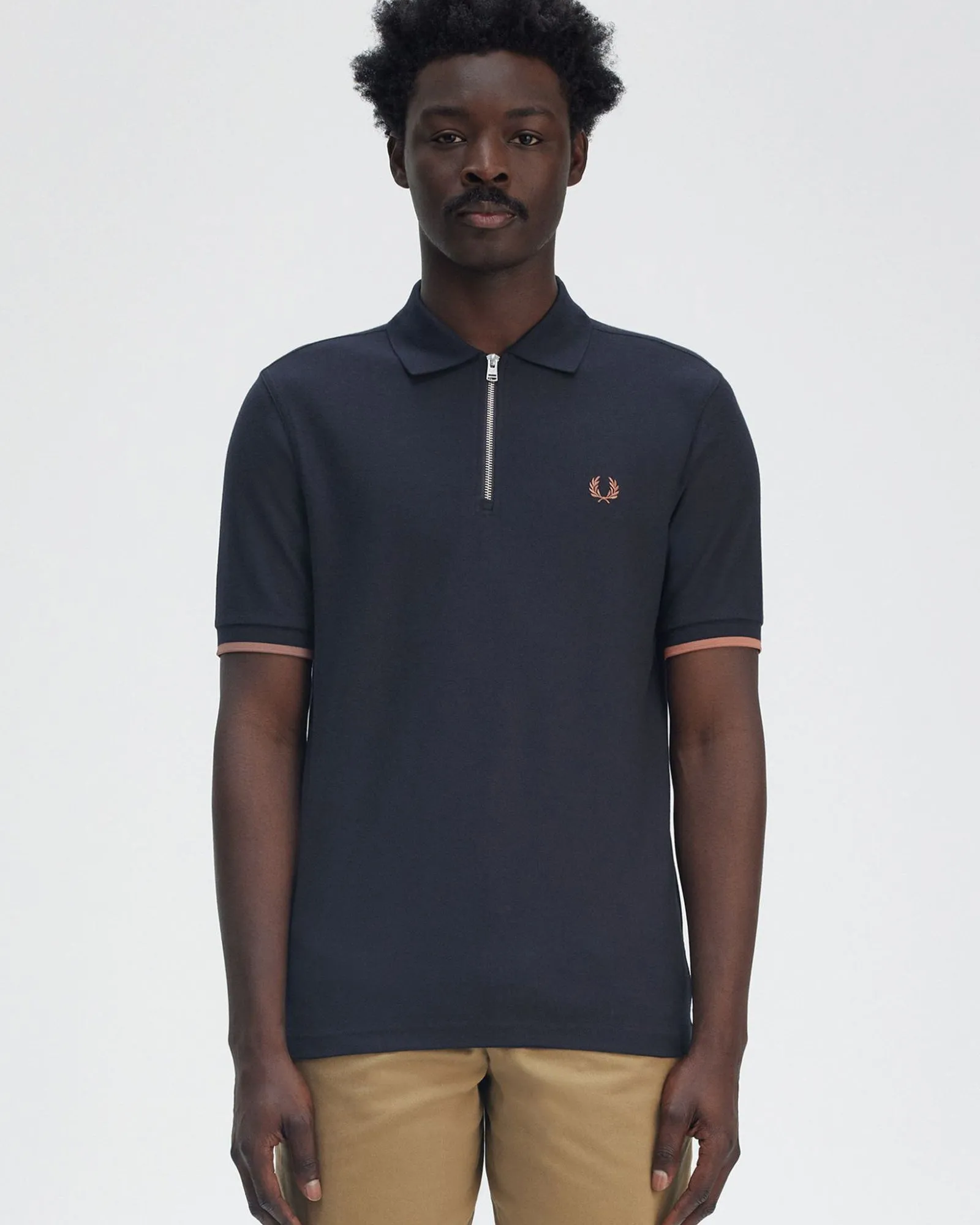 Fred Perry Crepe Pique Zip Neck Polo Shirt - Navy