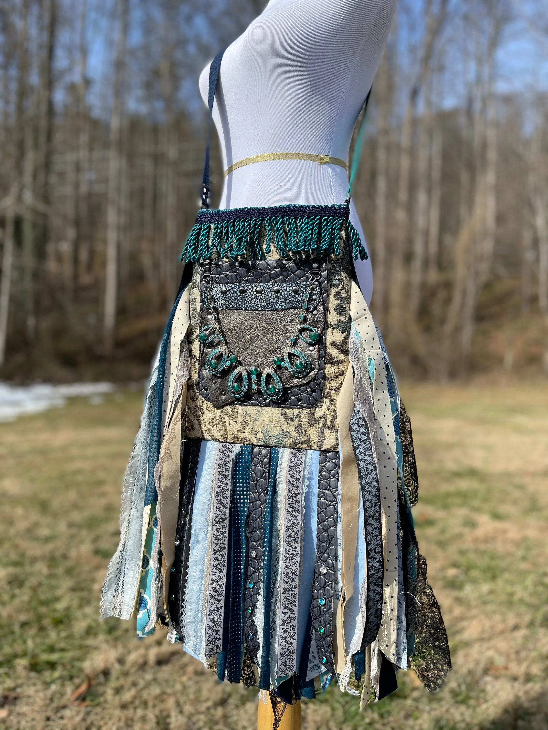 Funky Teal Green Fringe Purse, Boho Chic Embellished Bag with Vintage Vibes.
