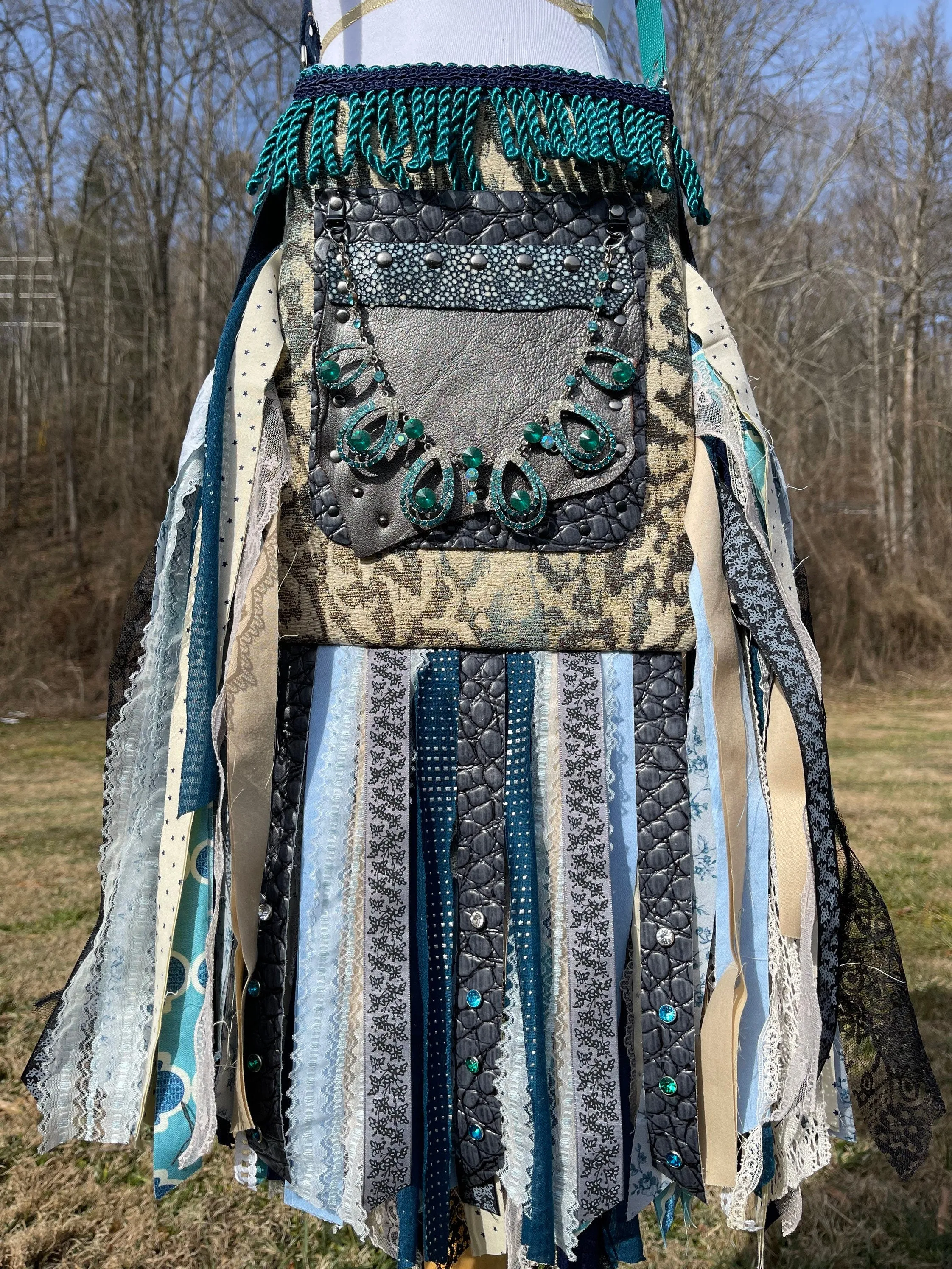 Funky Teal Green Fringe Purse, Boho Chic Embellished Bag with Vintage Vibes.