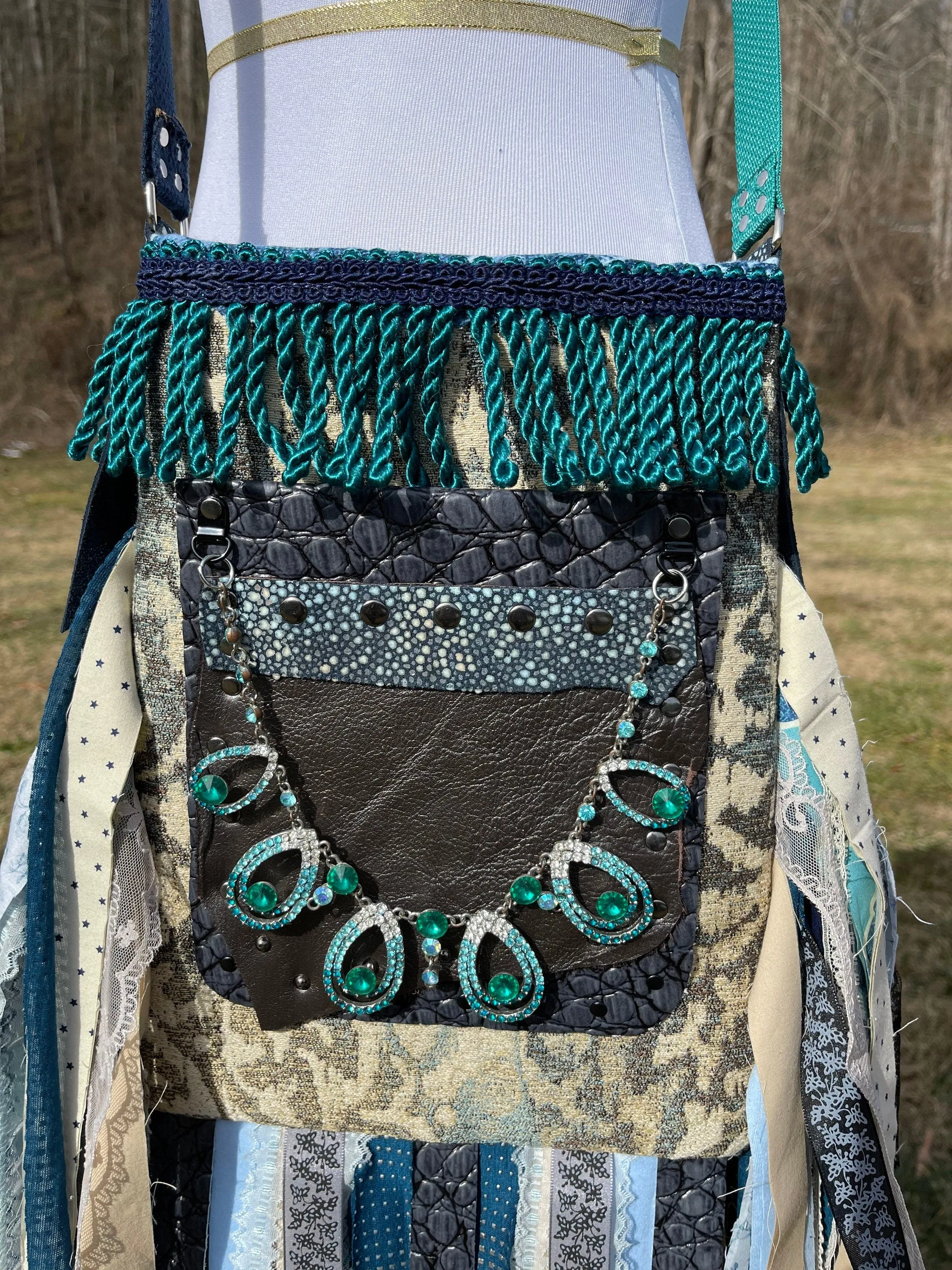 Funky Teal Green Fringe Purse, Boho Chic Embellished Bag with Vintage Vibes.
