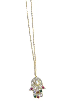 Gold Chain with Multi Color Pave Hamsa