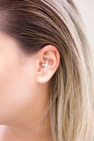Gold Filled CZ Stone Cross Industrial Bar Ear Cuff (L179)