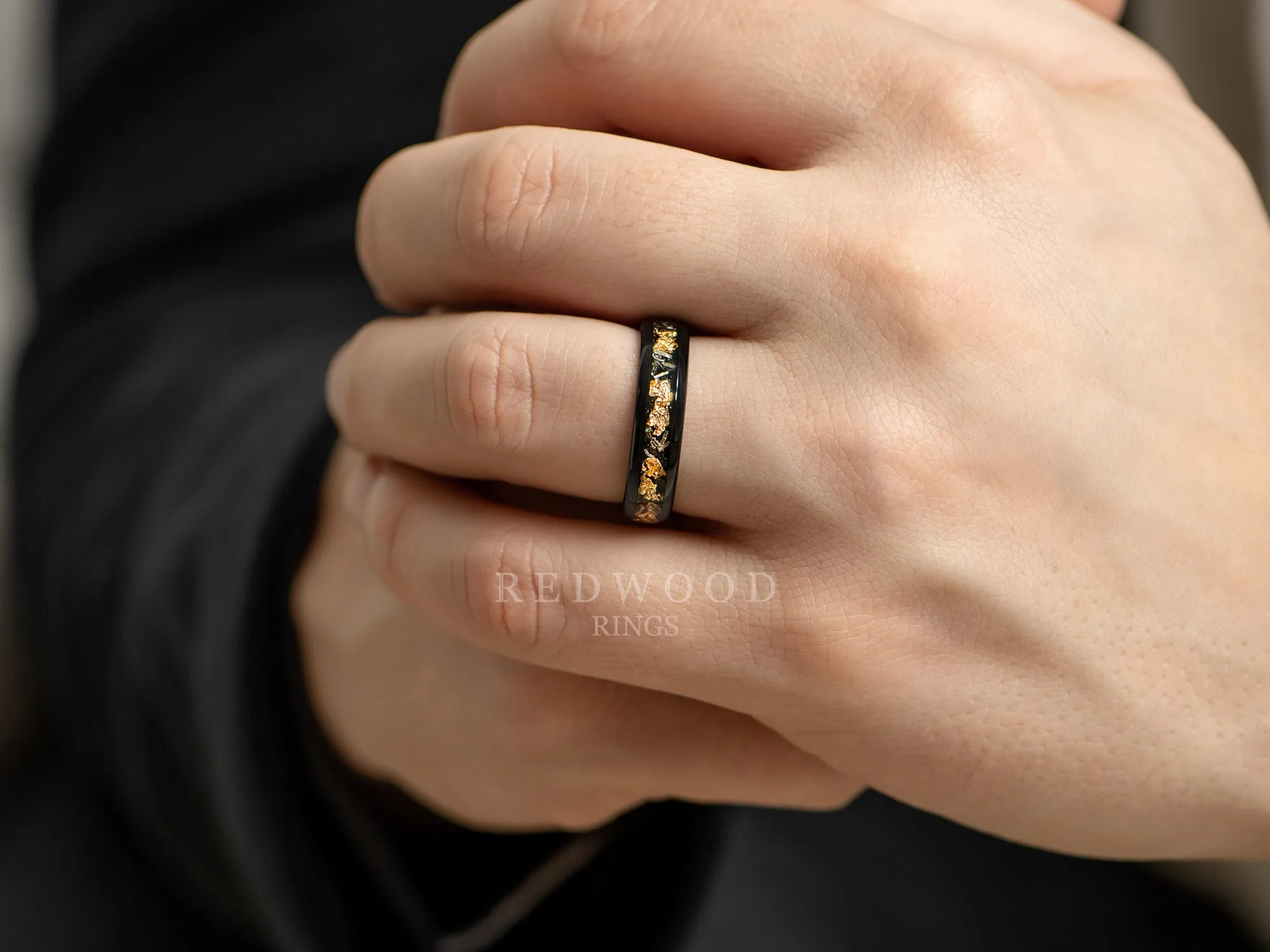 Gold Leaf & Meteorite Tungsten Ring, Polished Black with Sandstone Inlay - 6MM