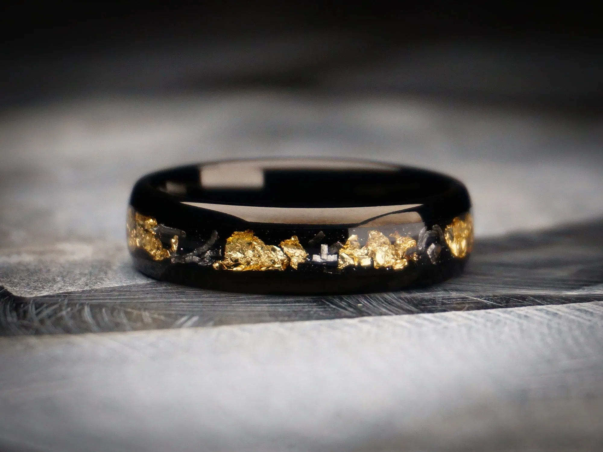 Gold Leaf & Meteorite Tungsten Ring, Polished Black with Sandstone Inlay - 6MM