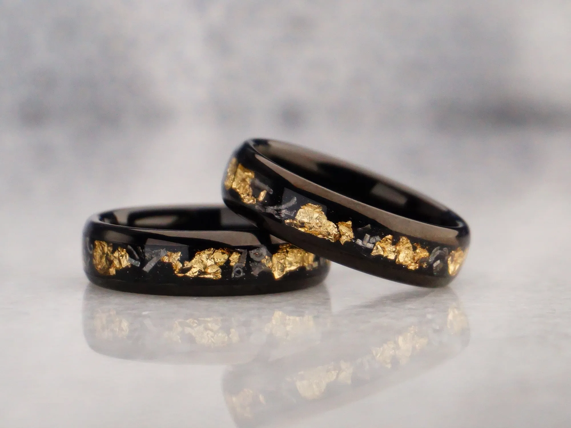 Gold Leaf & Meteorite Tungsten Ring, Polished Black with Sandstone Inlay - 6MM