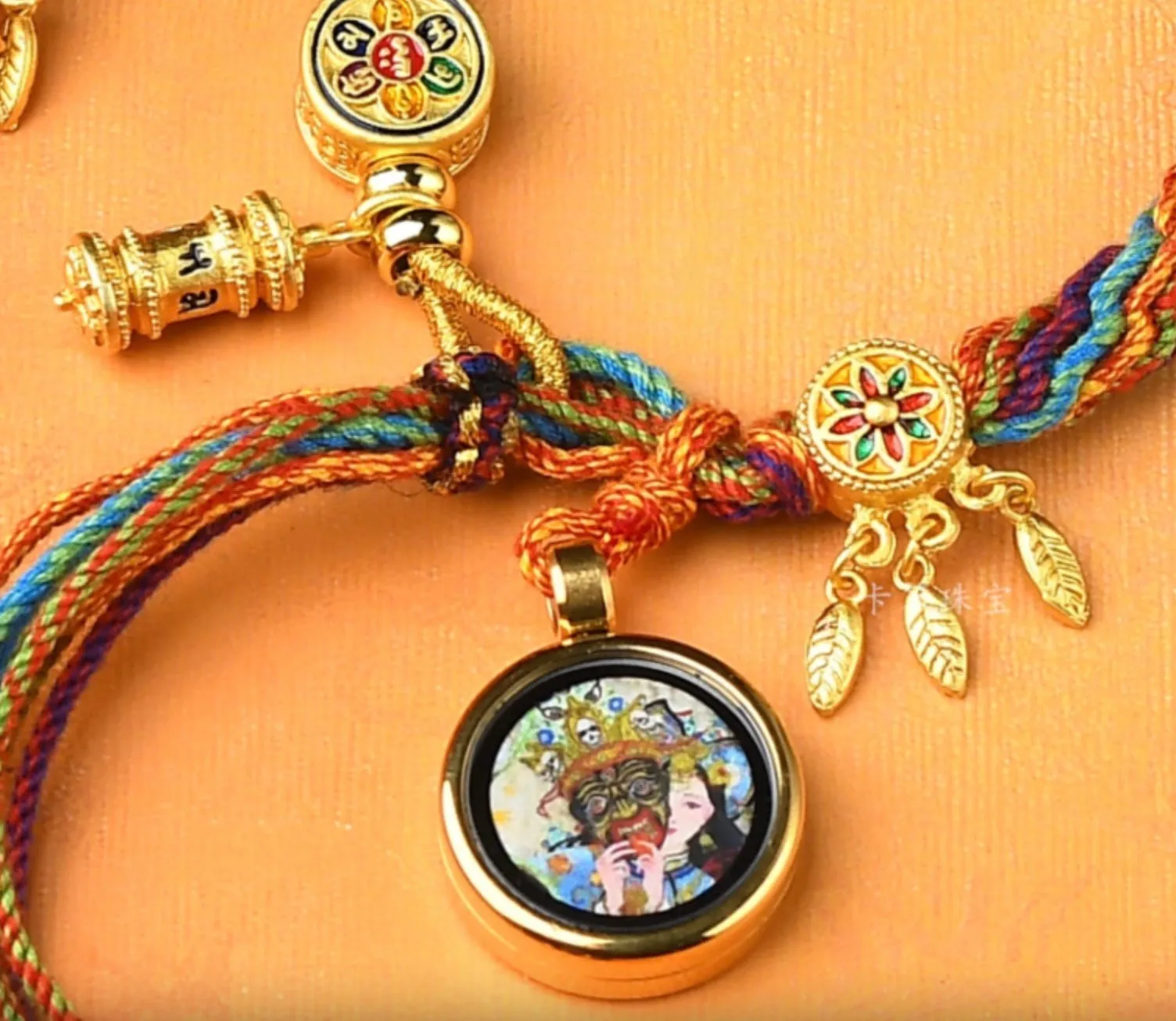 Hand-Painted Thangka Handmade Knotted Bracelet with Om Prayer Wheel