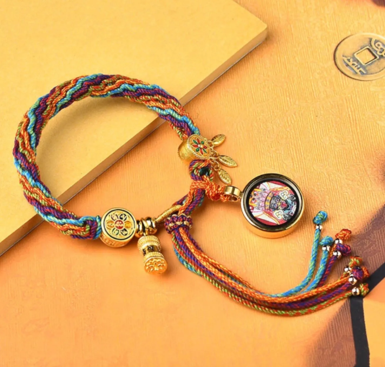 Hand-Painted Thangka Handmade Knotted Bracelet with Om Prayer Wheel