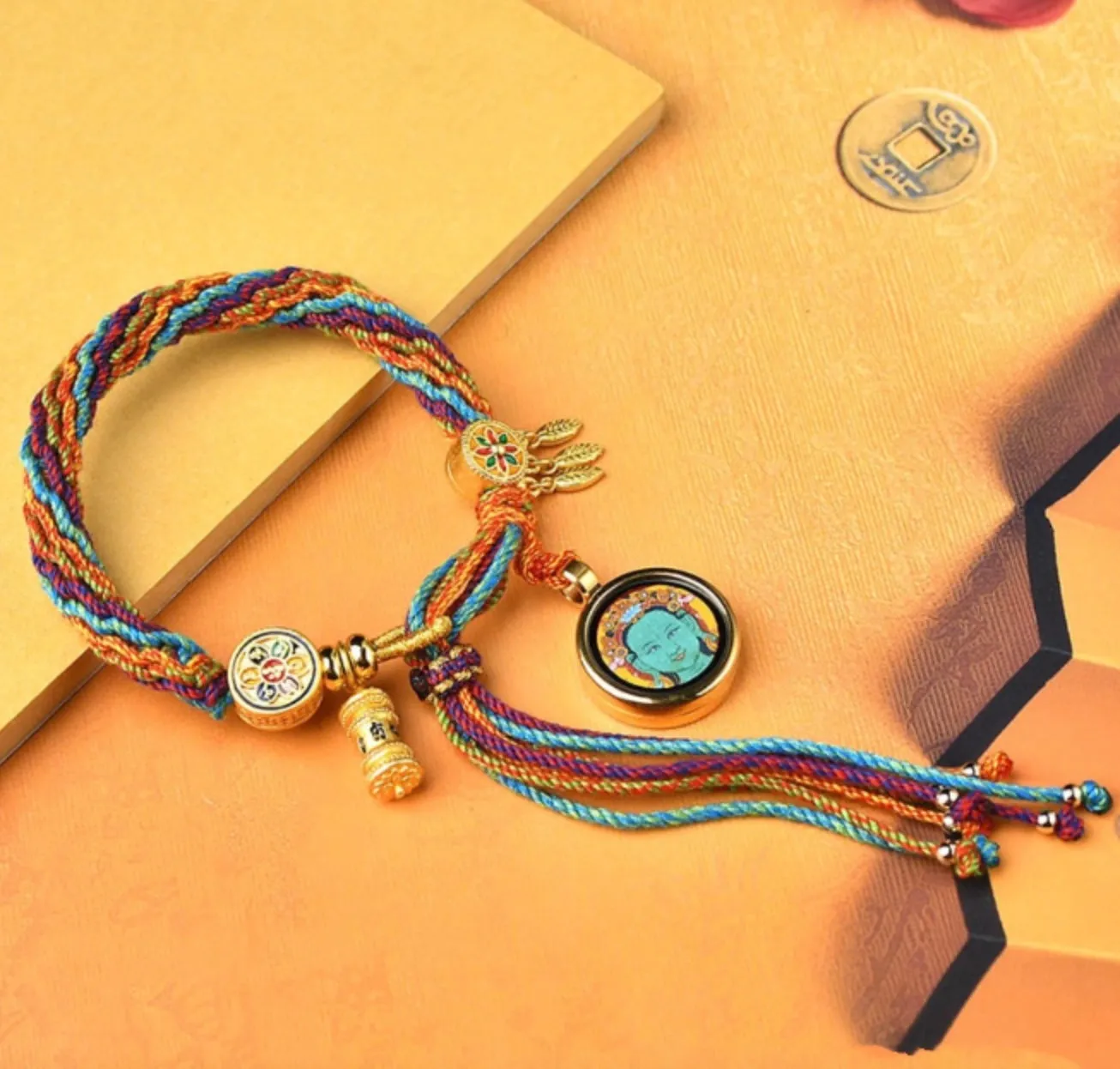 Hand-Painted Thangka Handmade Knotted Bracelet with Om Prayer Wheel