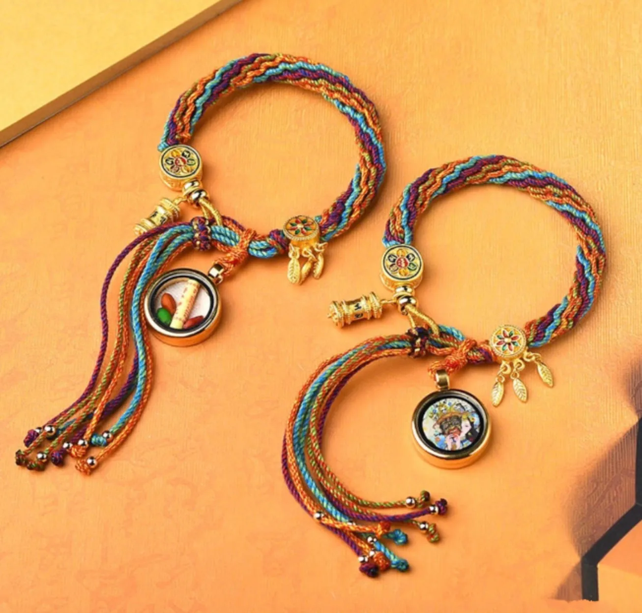 Hand-Painted Thangka Handmade Knotted Bracelet with Om Prayer Wheel