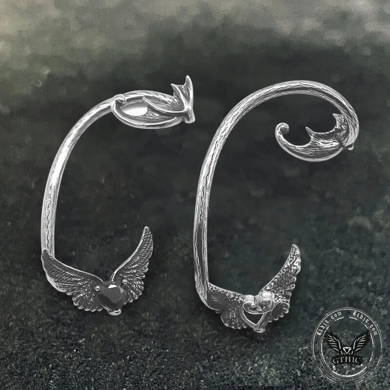 Heart Shape Zircon Devil Wings Stainless Steel Ear Cuff Earrings