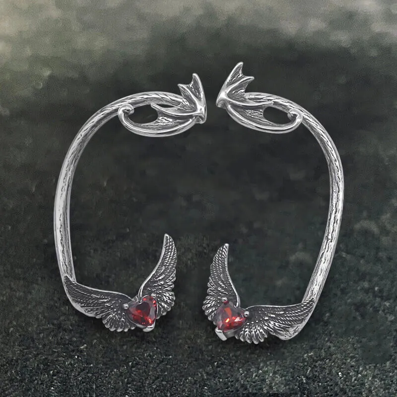Heart Shape Zircon Devil Wings Stainless Steel Ear Cuff Earrings