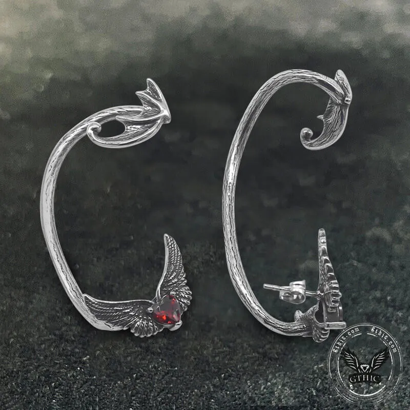 Heart Shape Zircon Devil Wings Stainless Steel Ear Cuff Earrings