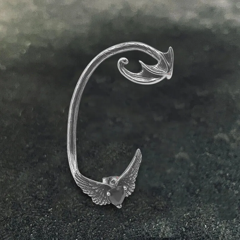 Heart Shape Zircon Devil Wings Stainless Steel Ear Cuff Earrings